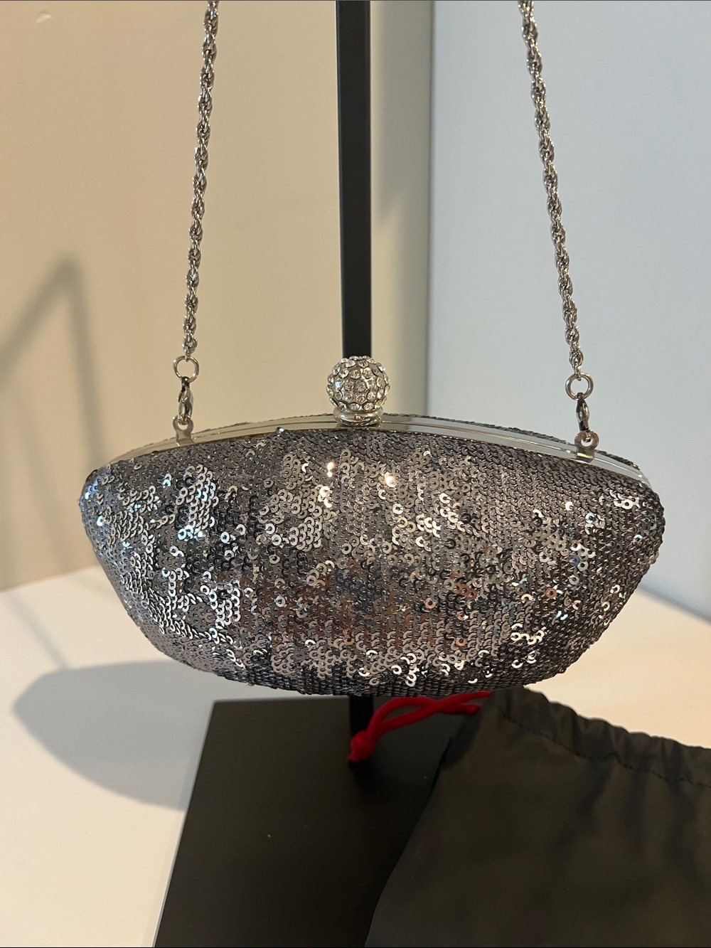 Silver Sequin Evening Clutch with Crystal-Clasp
